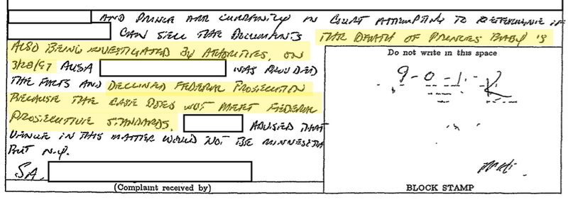Excerpt from the FBI file for music legend Prince involving the attempted sale of some kind of documents related to his baby in 1996 (FBI/FOIA)